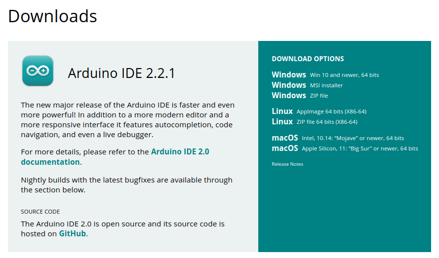 Screenshot of the Arduino website, showing the various download options