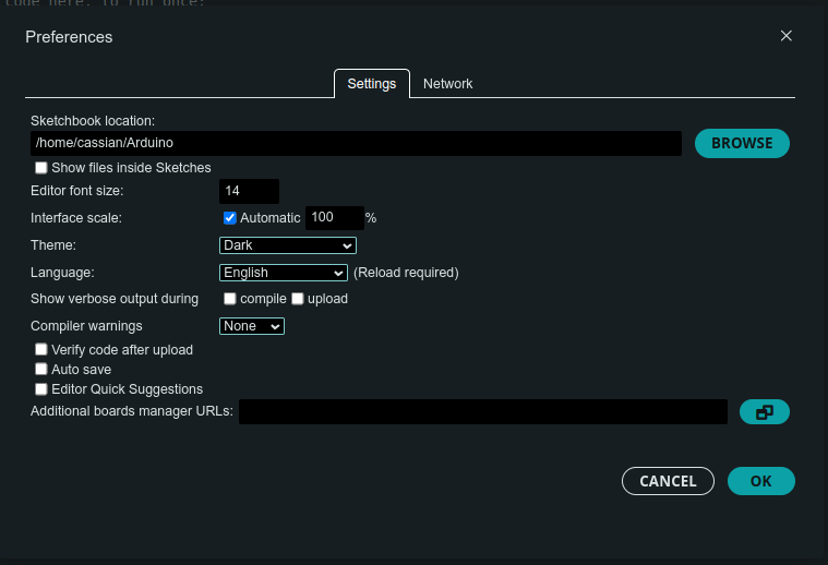 Screenshot of the Arduino IDE, showing the Additional Board Manager URLs textbox.