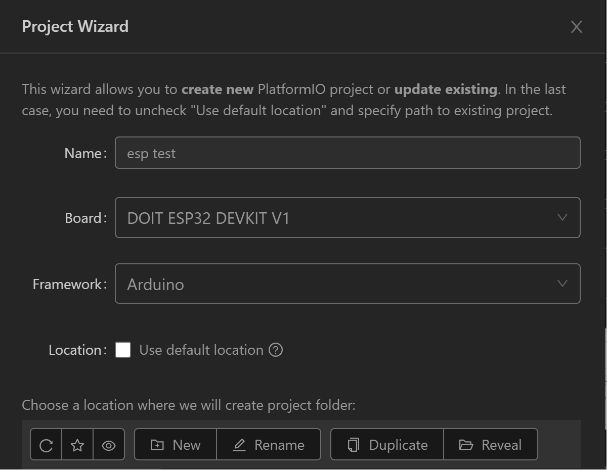 PlatformIO project setup page configured for the ESP32 board